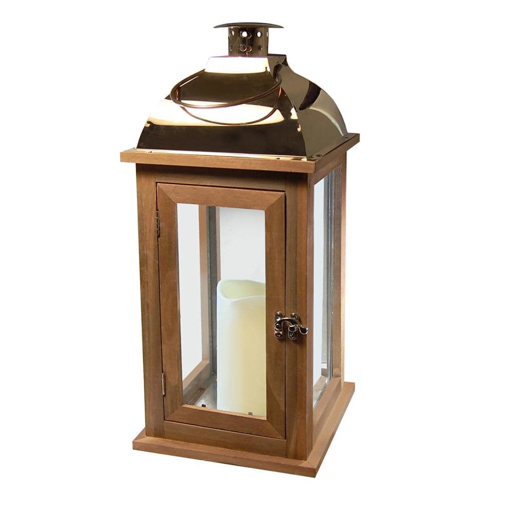 Lantern 7.5 in. x 17 in. Wooden Brown Lantern Copper Roof with LED Candle - Hercitys