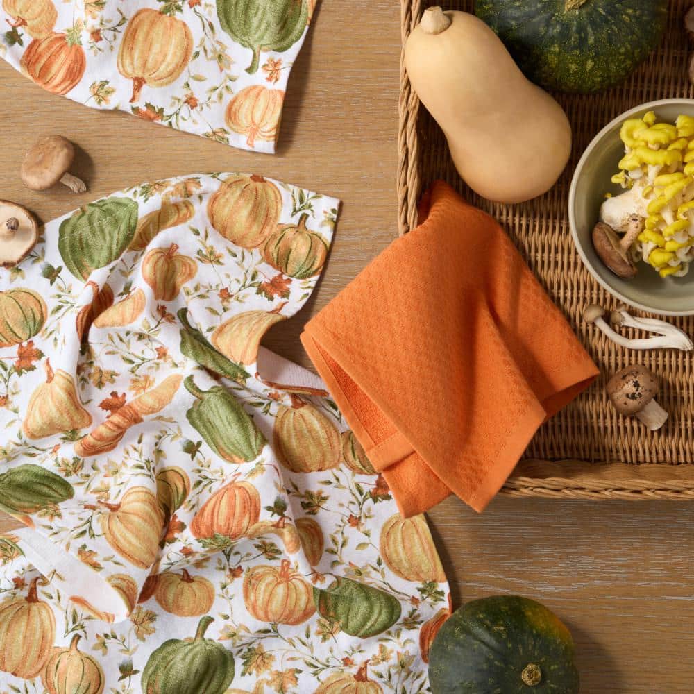 Autumn Harvest Pumpkins Orange Cotton Kitchen Towel Set 16 in. x 28 in. (3-Pack) - Hercitys