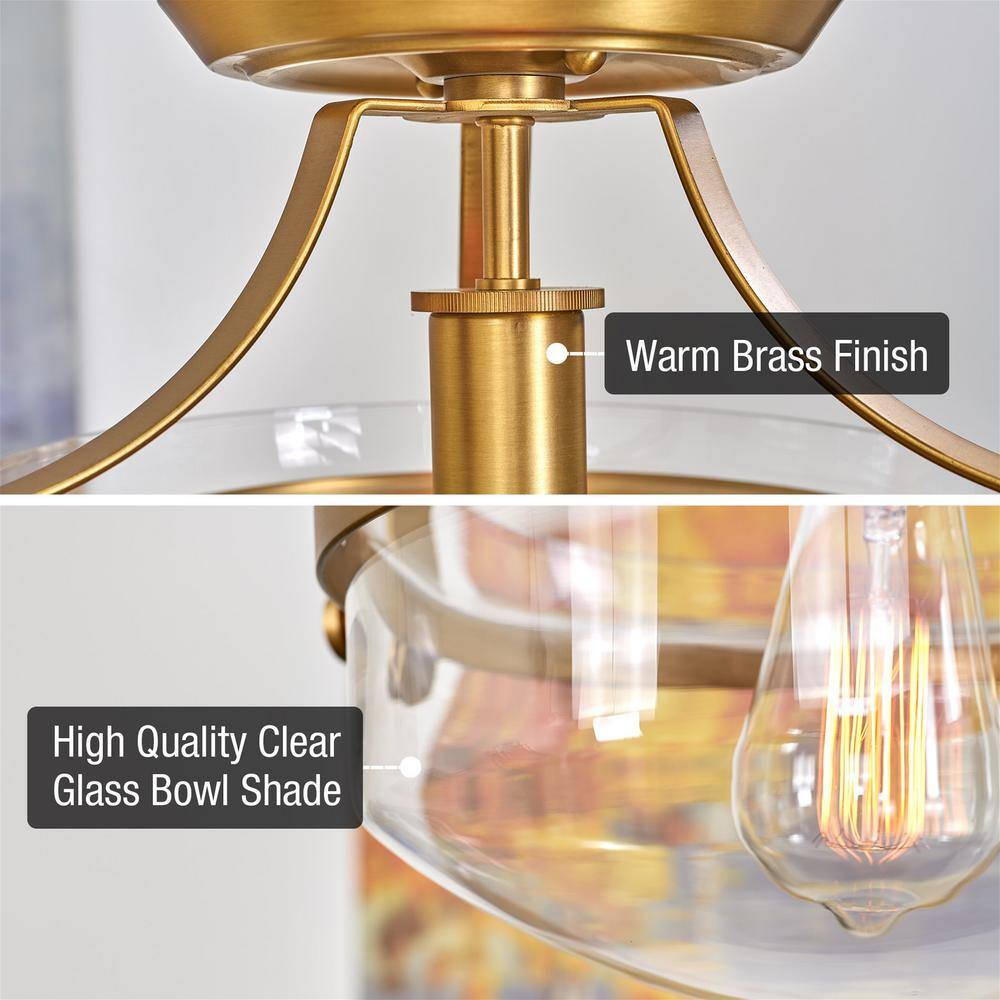 Zurich 12.25 in 60-Watt 1-Light Warm Brass Modern Semi-Flush with Clear Shade, No Bulb Included - Hercitys