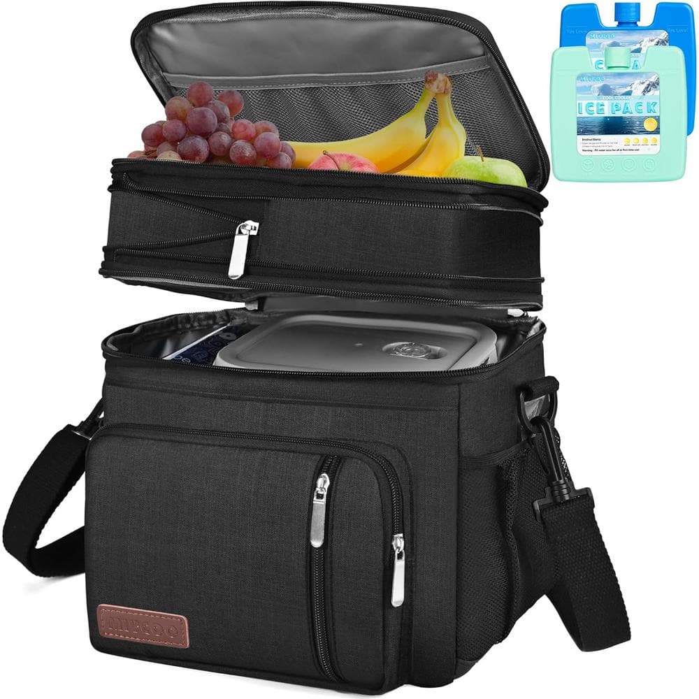Black Double-Layer Insulated Lunch Bag with 15 L Large Capacity and Ice Packs for Work, Picnics and Beach Days - Hercitys