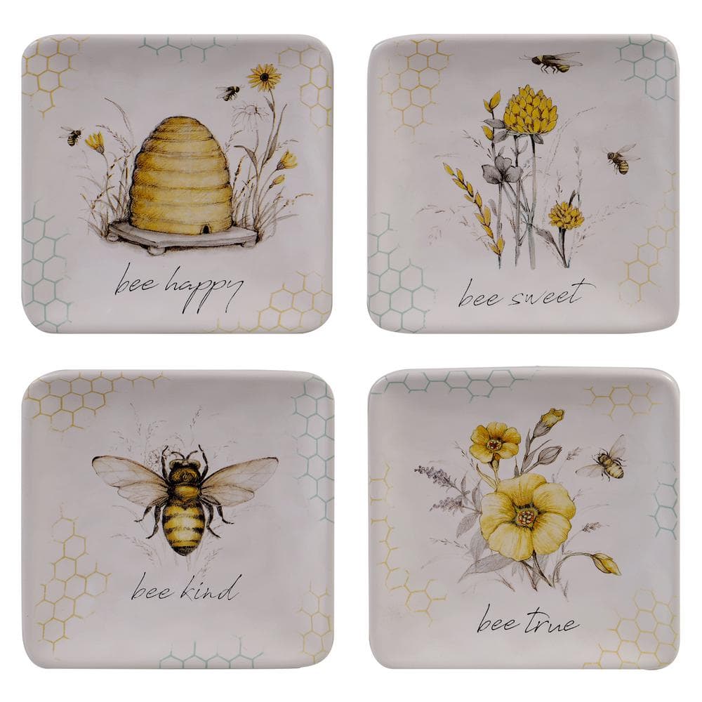 Bee Sweet 4-Piece Seasonal Multicolored Earthenware 6 in. Canape Plate Set (Service for 4) - Hercitys
