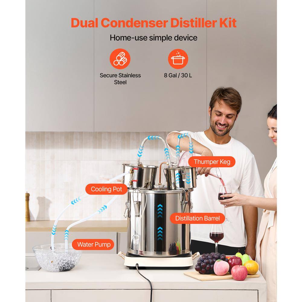Alcohol Still, 8 gal./30 L Stainless Steel Water Alcohol Distiller, Dual Condenser Distiller Kit, Silver - Hercitys