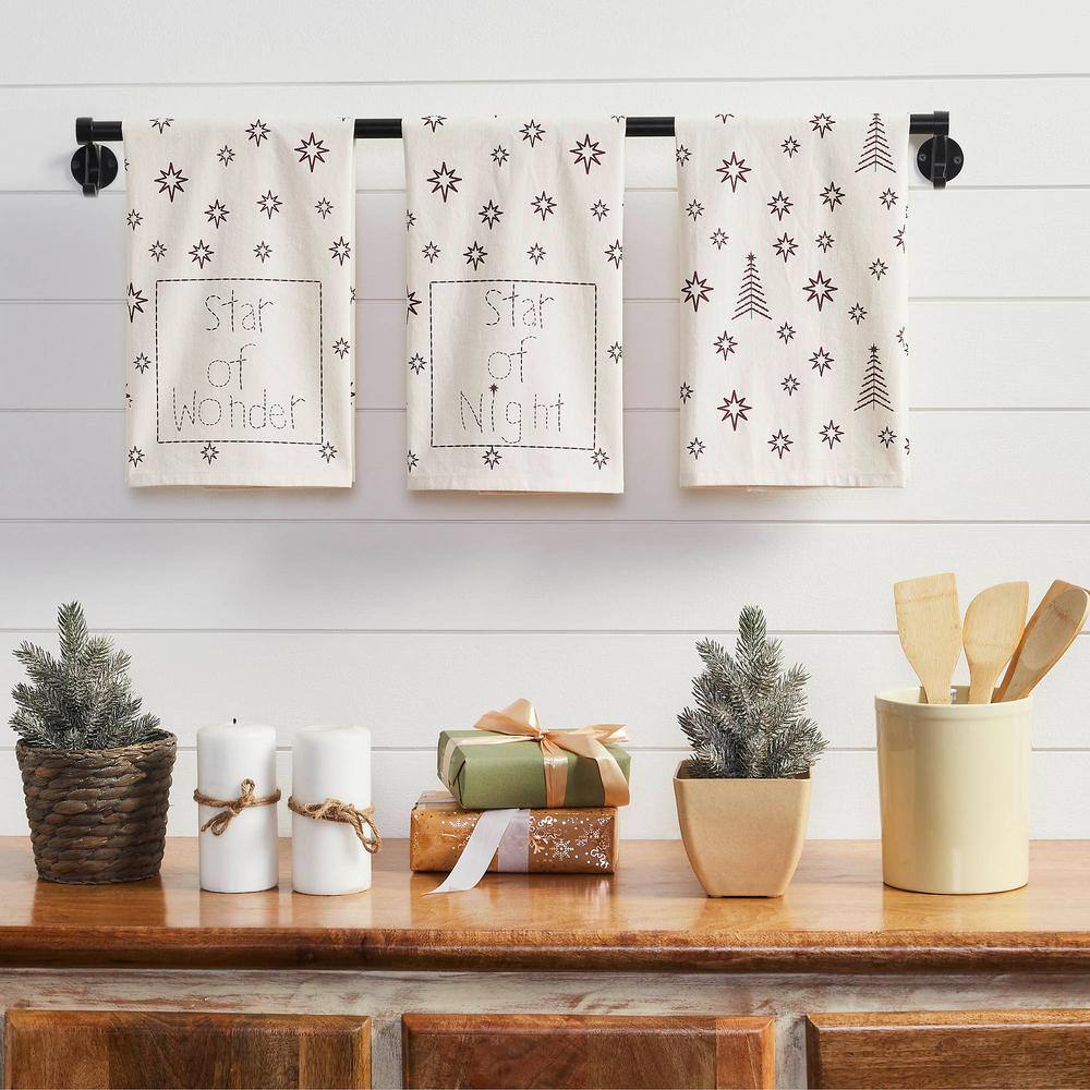 Star of Wonder Cream Burgundy Seasonal Primitive Christmas Cotton Kitchen Tea Towel Set (Set of 3) - Hercitys