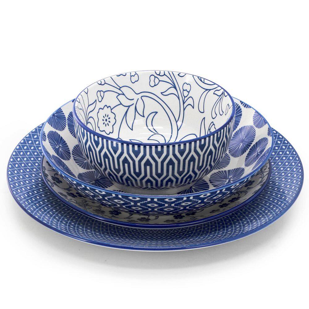Elama Sophia 16 Piece Assorted Stoneware Double Bowl Dinnerware Set in Blue - Hercitys