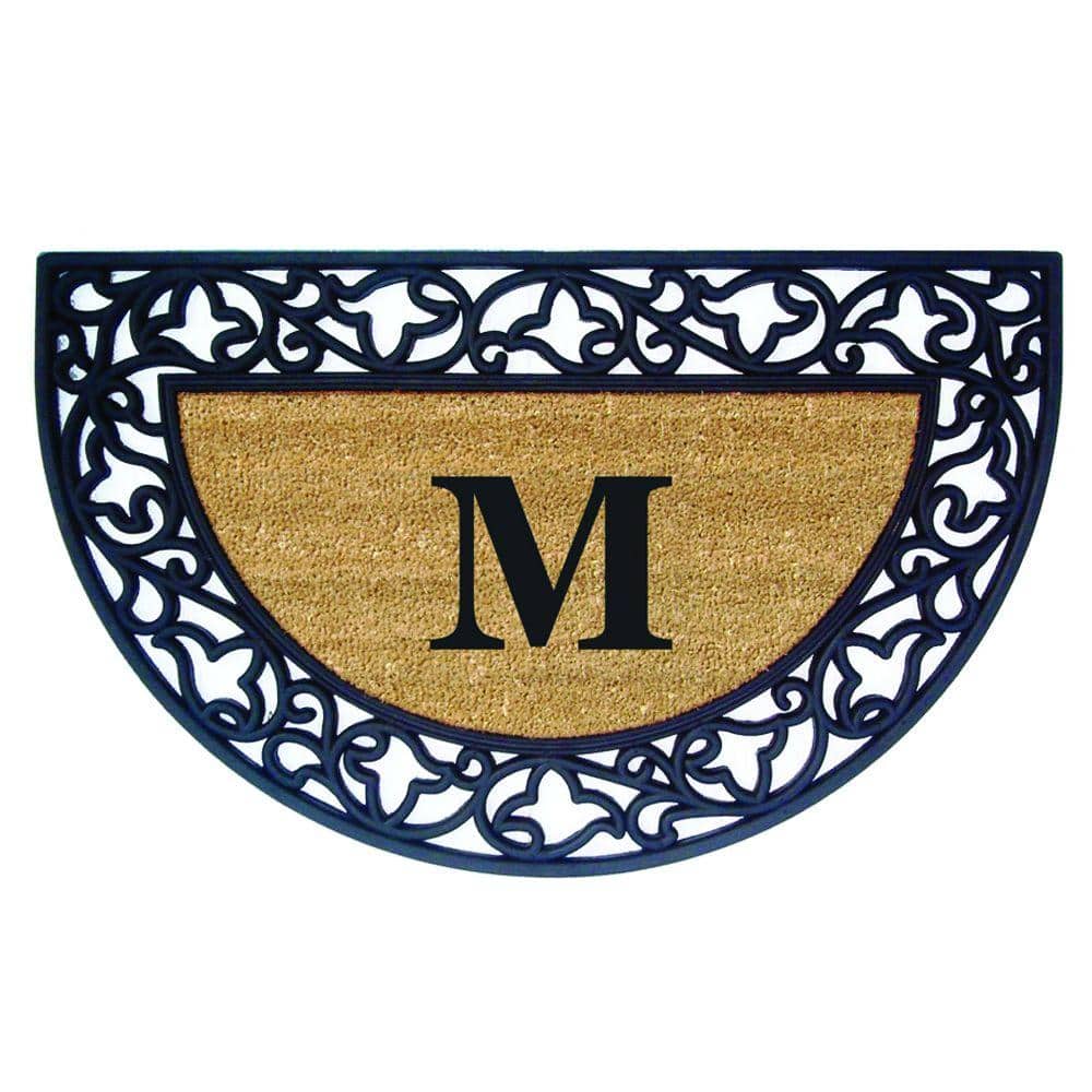 Heavy Duty Brown 22 in. x 36 in. Rubber Coir Acanthus Monogrammed M Indoor Outdoor Door Mat - Hercitys