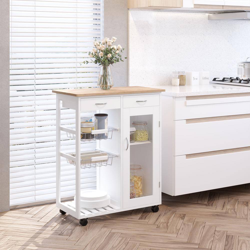 White Wood 27.5 in. Kitchen Island with Solid Bamboo Top, Wire Basket, Door Cabinet and Drawers - Hercitys