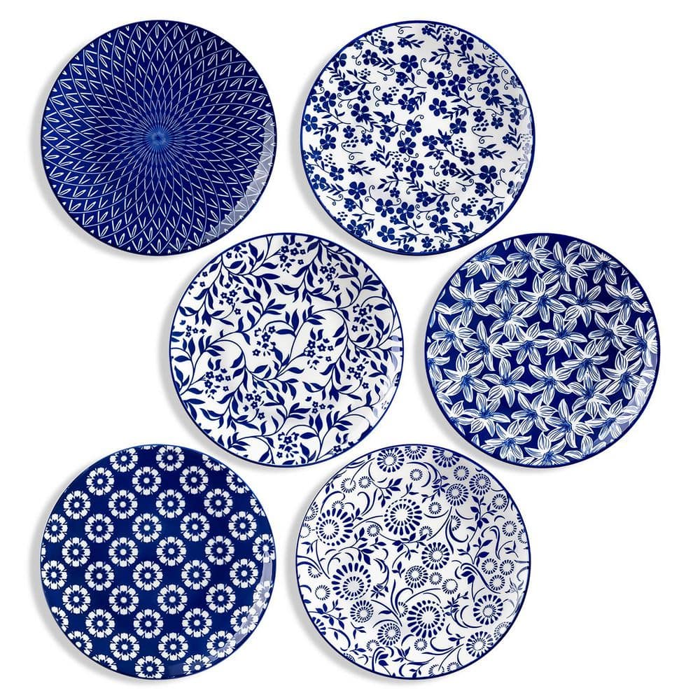 Blue and White Dessert Plate Set of 6 Vintage Salad Plates 8.25 in. Round Kitchen Serving Plates - Hercitys