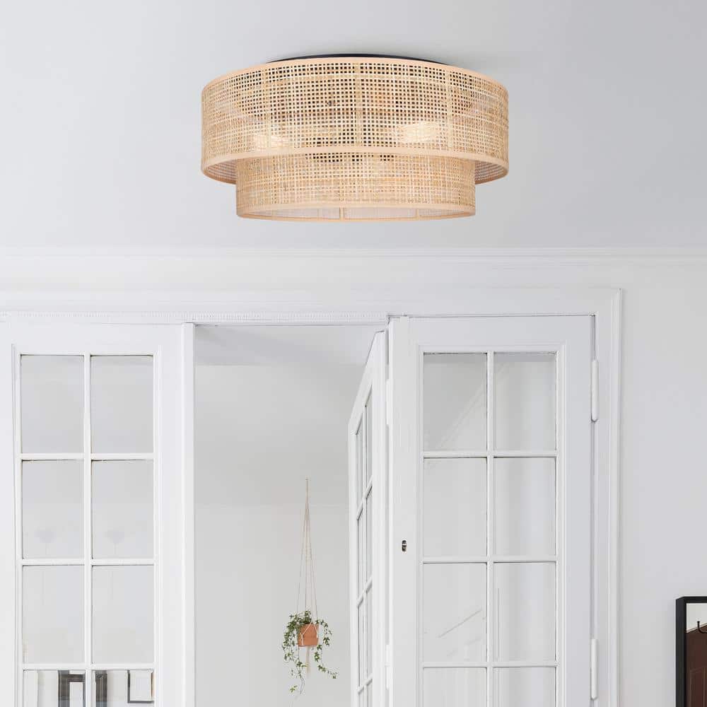 BELLAMY 19 in. 3-Light 60-Watt Boho Black Flush Mount with Natural Rattan Shade - Hercitys