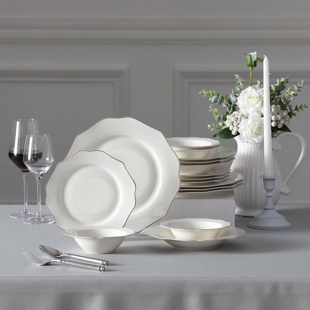 Lotus 16-Piece White with Gold Trim Bone China Dinnerware Set (Service for 4) - Hercitys