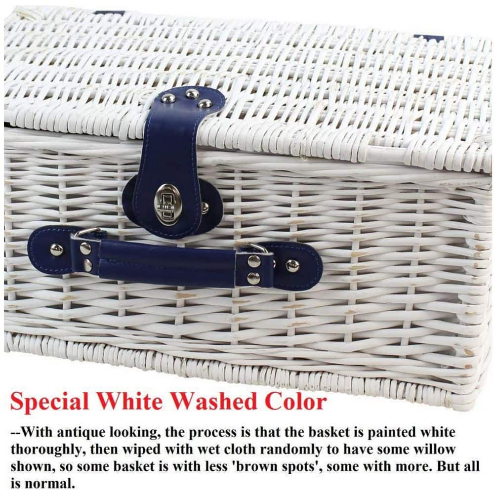 White Wicker Picnic Basket with Insulated Cooler Compartment, Waterproof Blanket and Cutlery Service Kit for 4-Person - Hercitys