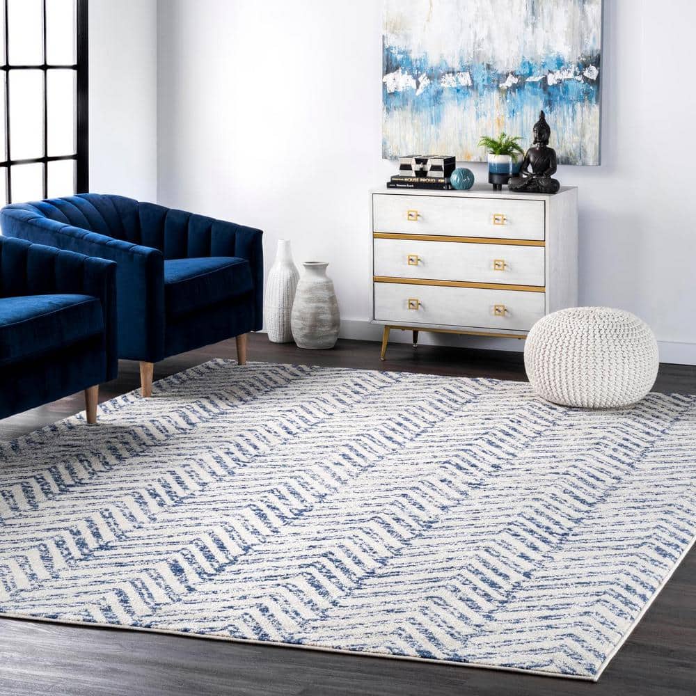 Rosanne Geometric Herringbone Blue 9 ft. x 12 ft. Area Rug - Hercitys