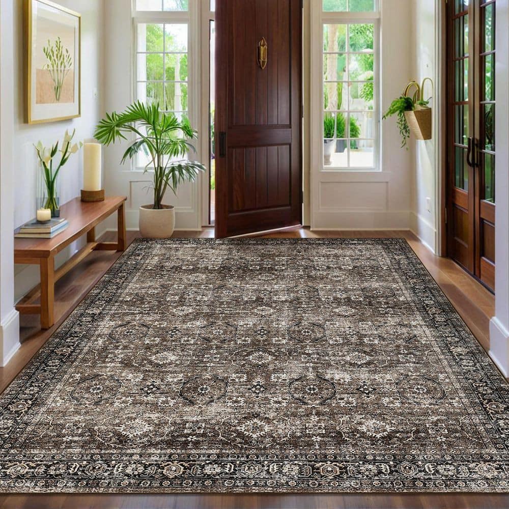 Traditional Floral Rug Low Pile Non Slip Thin Carpet Soft Foldable Indoor Carpet for Bedroom Office Brown，9X12ft - Hercitys