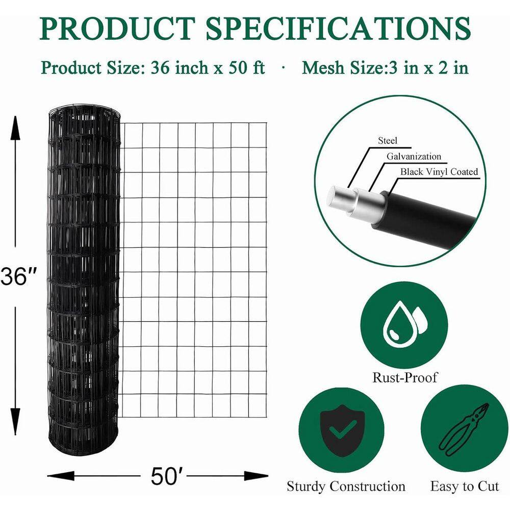 Black PVC Coated Welded Wire Fence 36 in. x 50 ft. 2 in. x 3 in. Mesh 16GA Garden Border Fencing Roll - Hercitys