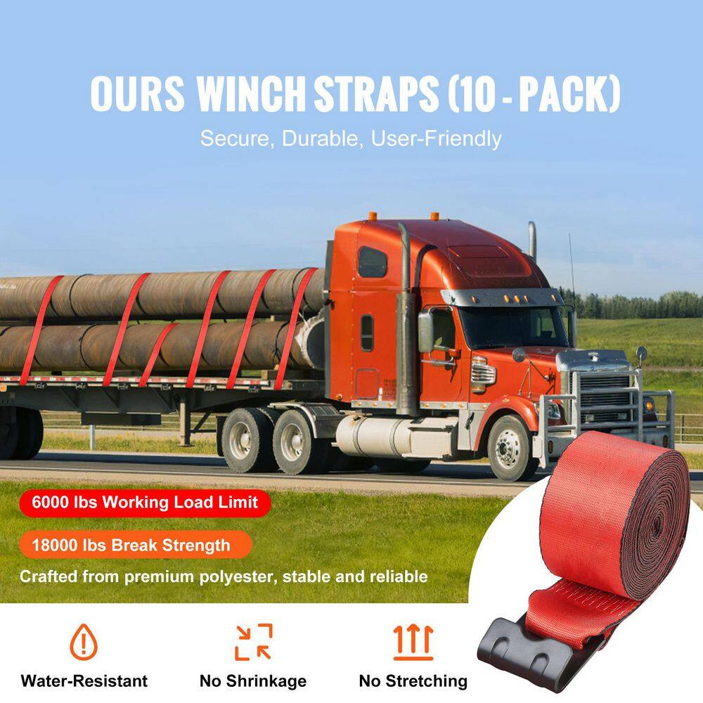 Winch Straps, 4in. x 30ft., 6000 lbs. Load Capacity, 18000 lbs. Breaking Strength, Truck Straps with Flat Hook - Hercitys
