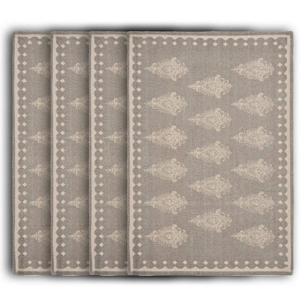 Damask 19 in. x 13 in. Gray / Cream Motif Bordered Cotton Placemat (Set of 4) - Hercitys