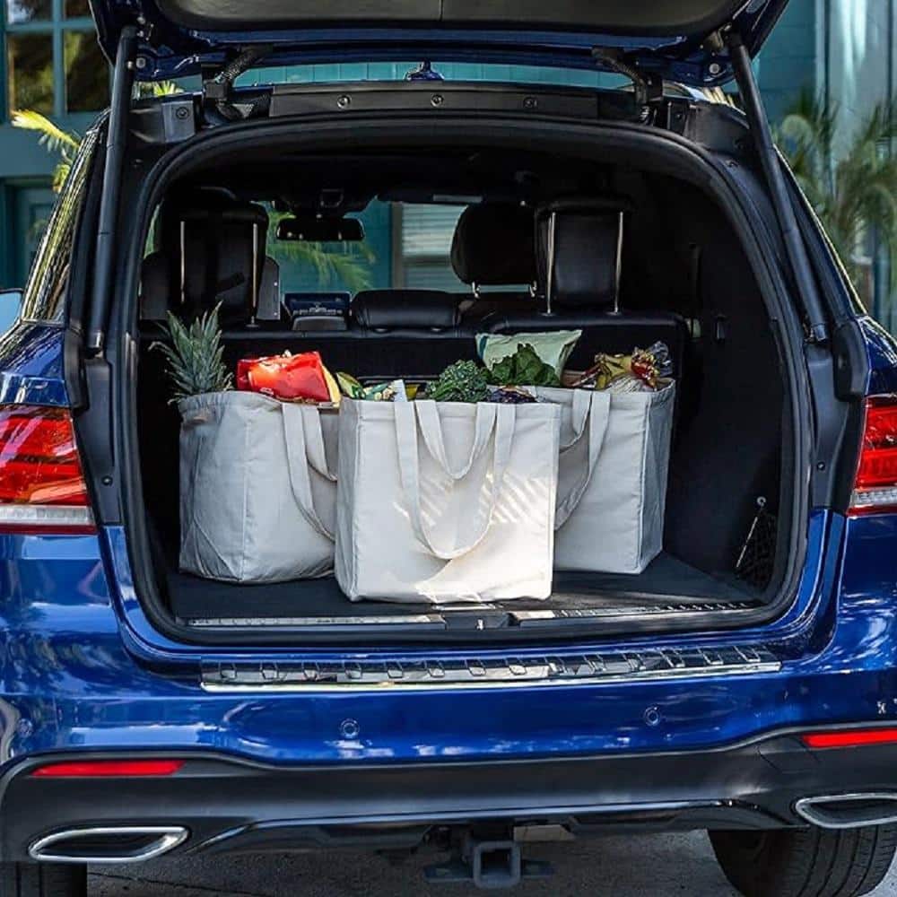 Beige Canvas Reusable Grocery Bag with Real Pockets, Long Shoulder Strap Short Handle, Heavy Duty, Washable (Set of 3) - Hercitys