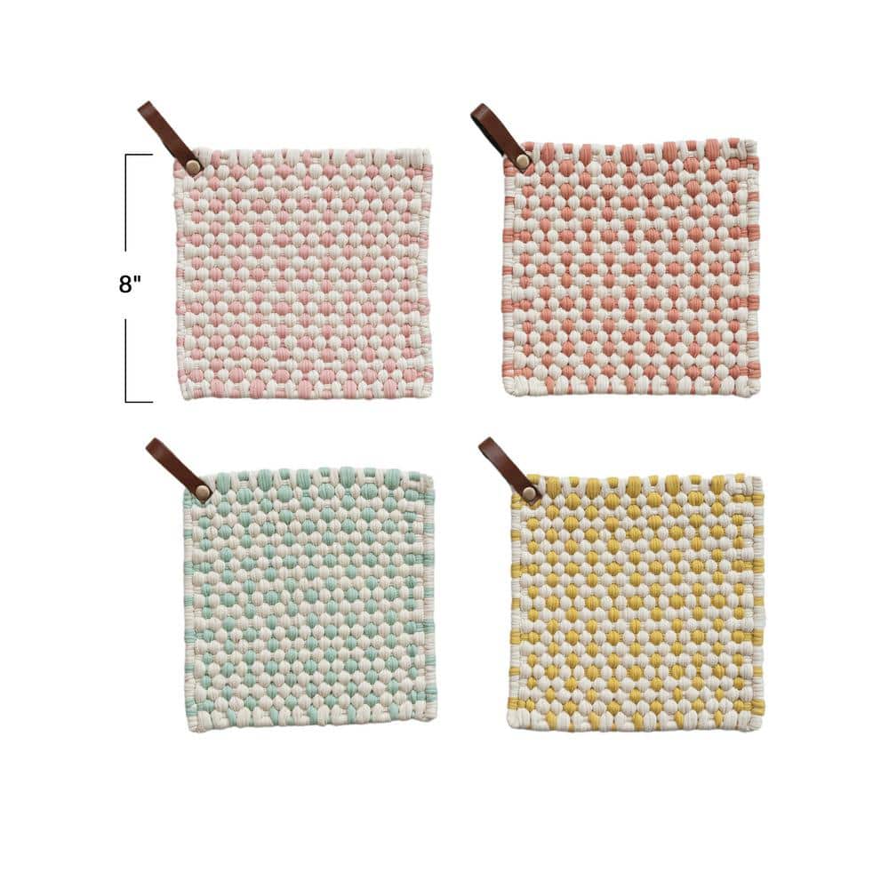 Cotton Light Hue Crocheted Pot Holder with Leather Loop (4-Pack) - Hercitys