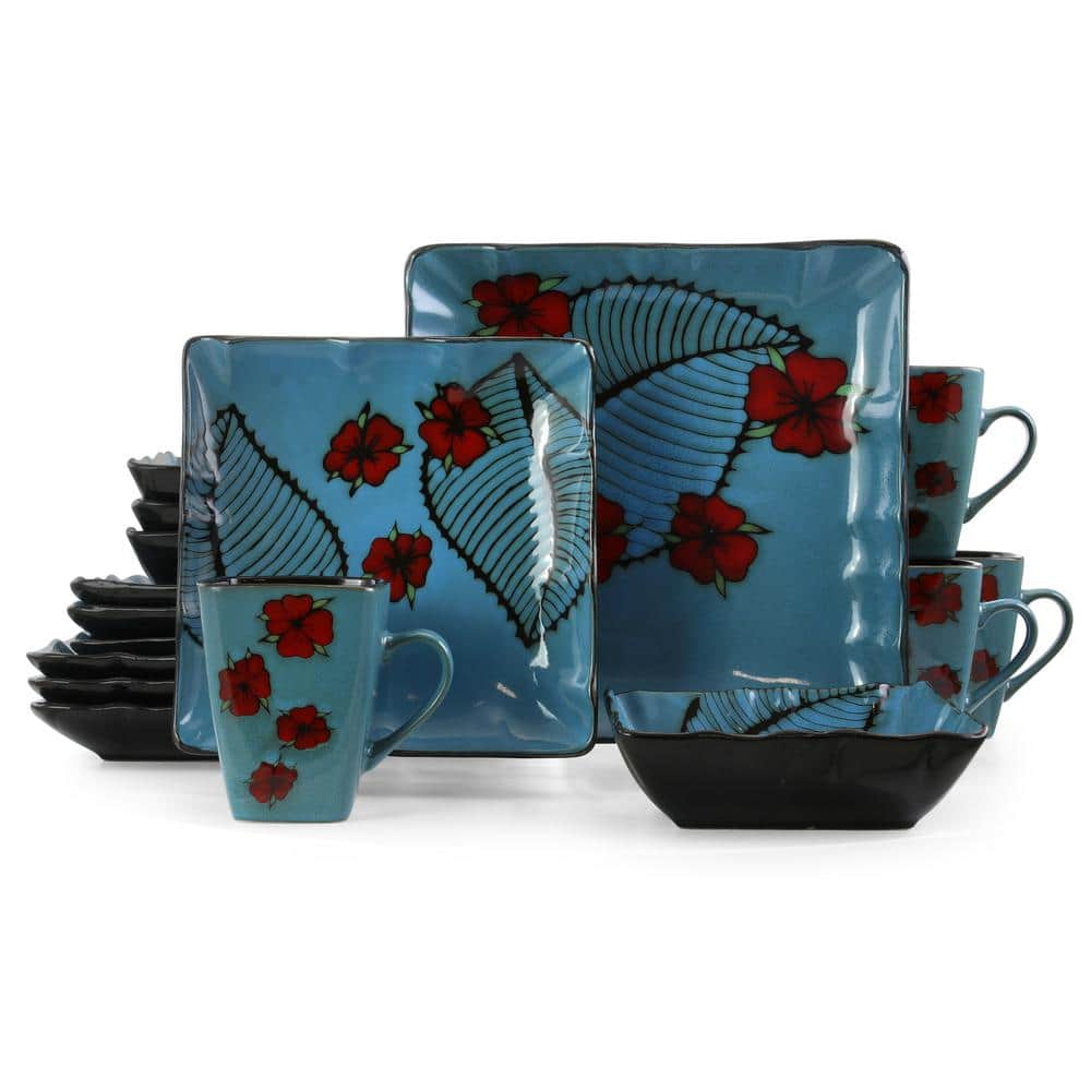Aloha Tide 16-Piece Patterned Blue Stoneware Dinnerware Set (Service for 4) - Hercitys
