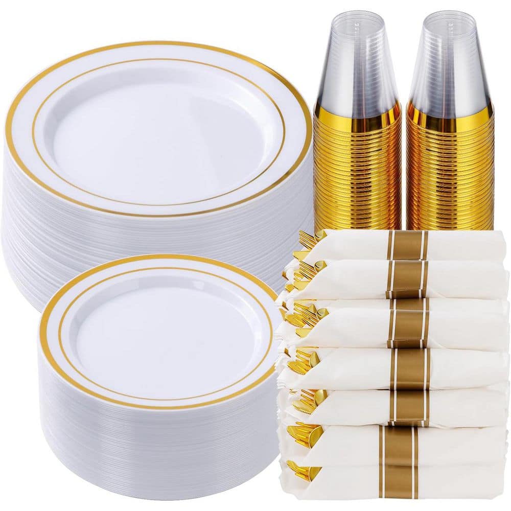 Gold Plastic Disposable Dinnerware Set for 50-Guests, 350-Pieces - Hercitys