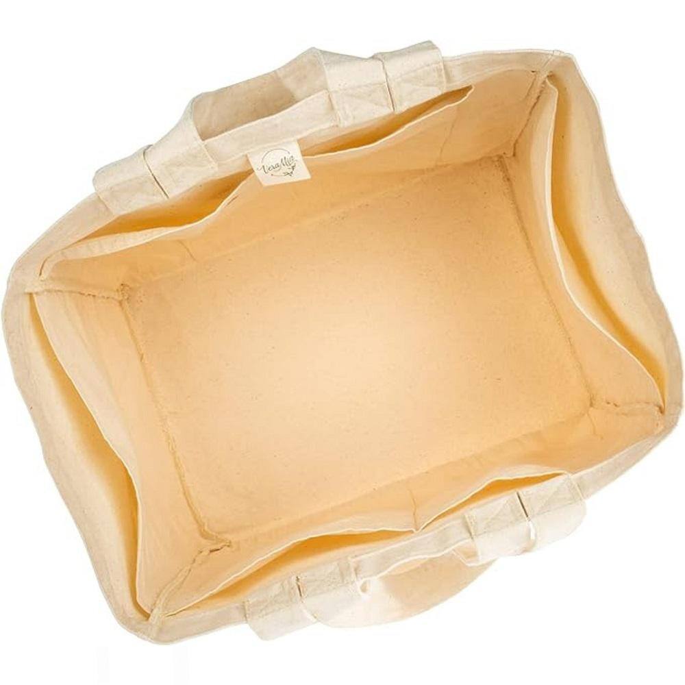 Beige Canvas Reusable Grocery Bag with Real Pockets, Long Shoulder Strap Short Handle, Heavy Duty, Washable (Set of 3) - Hercitys