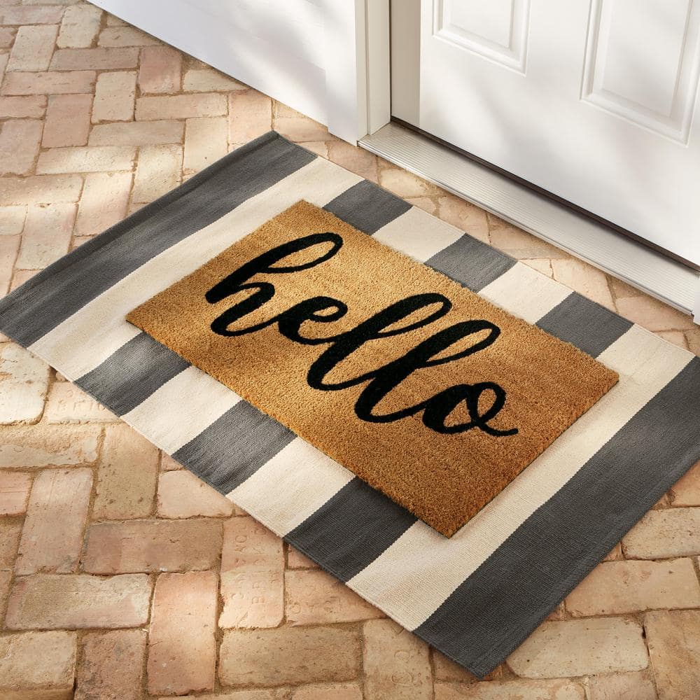 Welcome Hello Natural 18 in. x 30 in. Coir Non-Slip Indoor Outdoor Door Mat - Hercitys