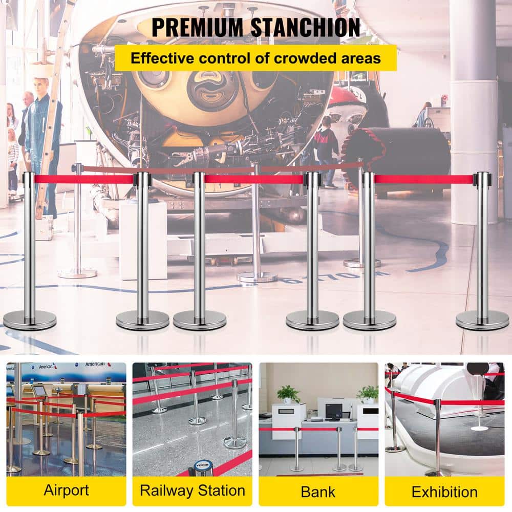 6.6 ft. Crowd Control Stanchion Set Red Retractable Belt Line Dividers with Sturdy Rubber Base in Silver (6-Pieces) - Hercitys