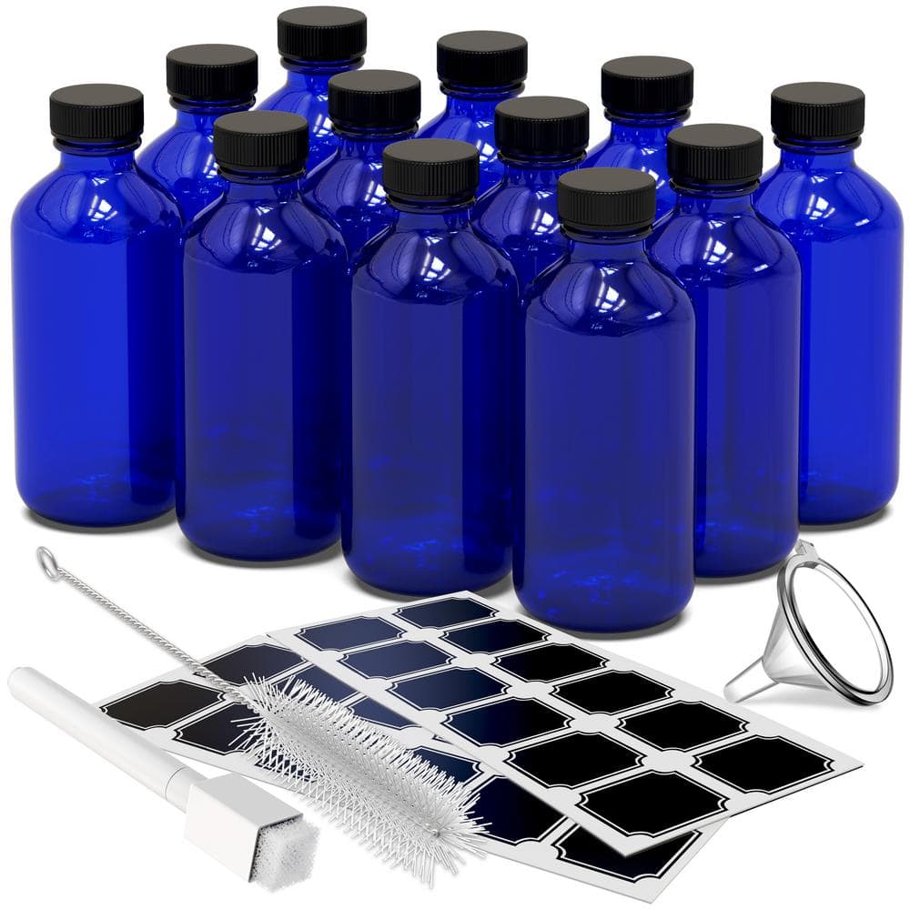8 oz. Boston Round Glass Bottles with Lids, Brush, Marker and Labels-Blue (Pack of 12) - Hercitys