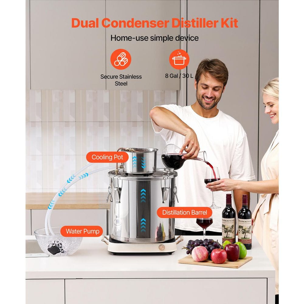 8 Gal. / 30 L Alcohol Still, Stainless Steel Distiller with Copper Coil, Home Brewing Kit for Wine, Whisky, Brandy - Hercitys