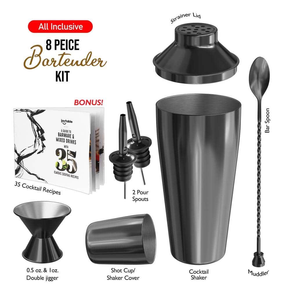 8-Piece Black Stainless Steel Bartender Kit, Bar Cocktail Shaker Set, 24 oz. Shaker, Book, Muddler, Jigger and Strainer - Hercitys
