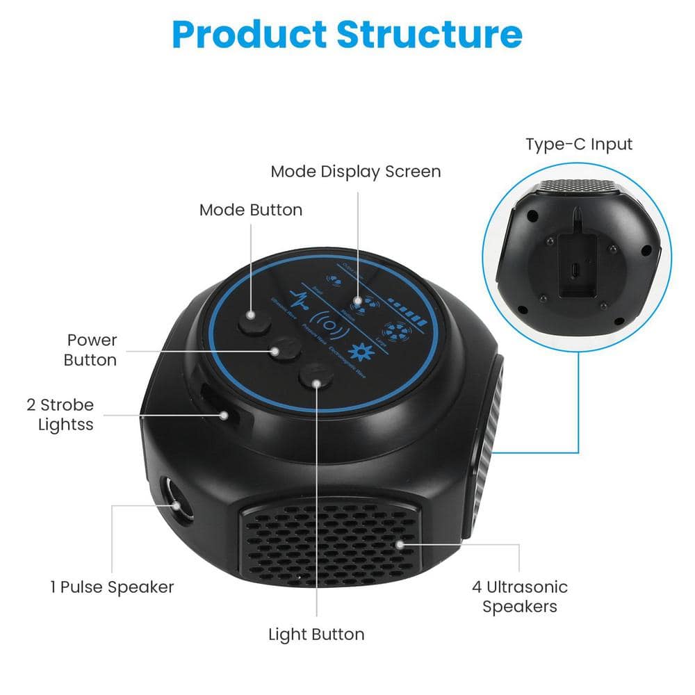 6-8-Watt Electronic Indoor Mice Repellent 360° Ultrasonic with 3 Modes 2 Strobe Lights (1-Pack) Black - Hercitys