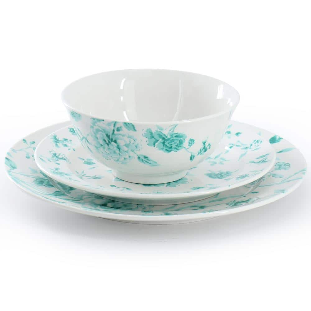Chinoserie 12 Piece Round Porcelain Dinnerware Set Service For 4 in Teal - Hercitys