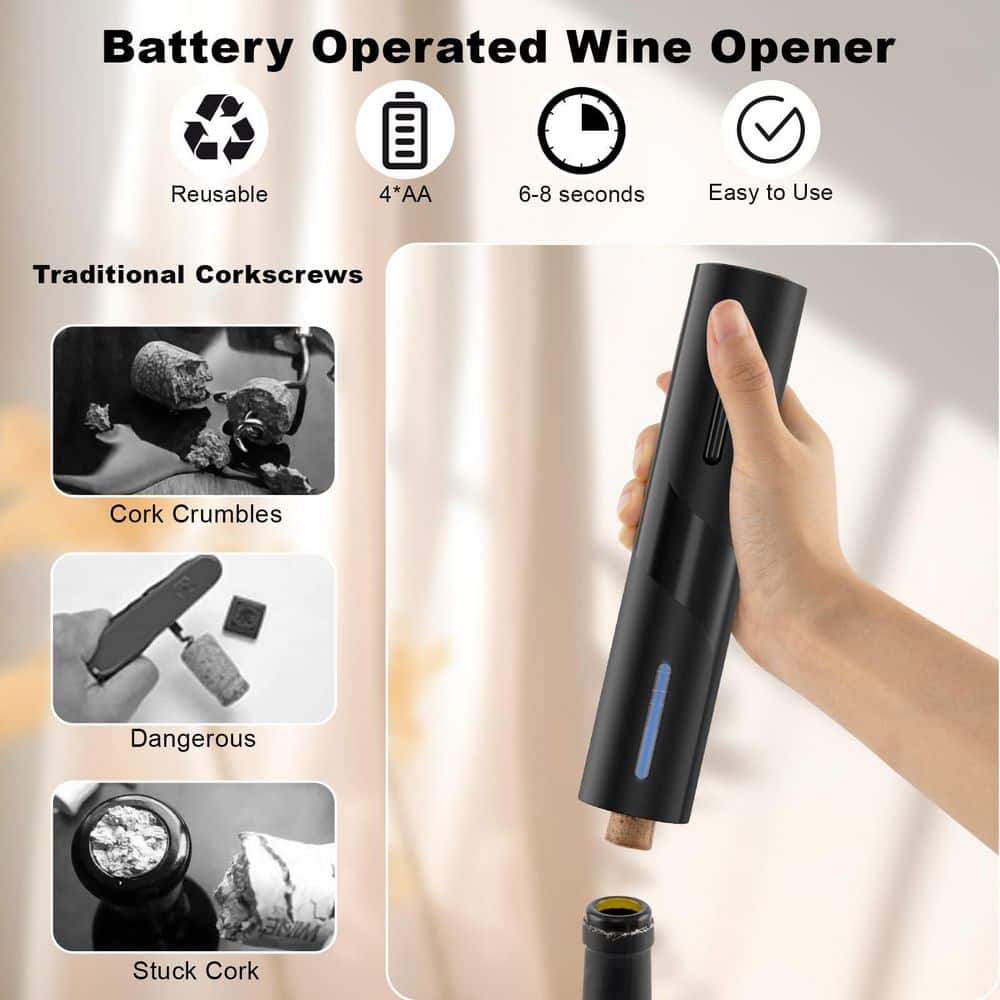 Black Electric Battery Operated Wine Bottle Openers with Foil Cutter, 1-click Button Corkscrew Remover - Hercitys