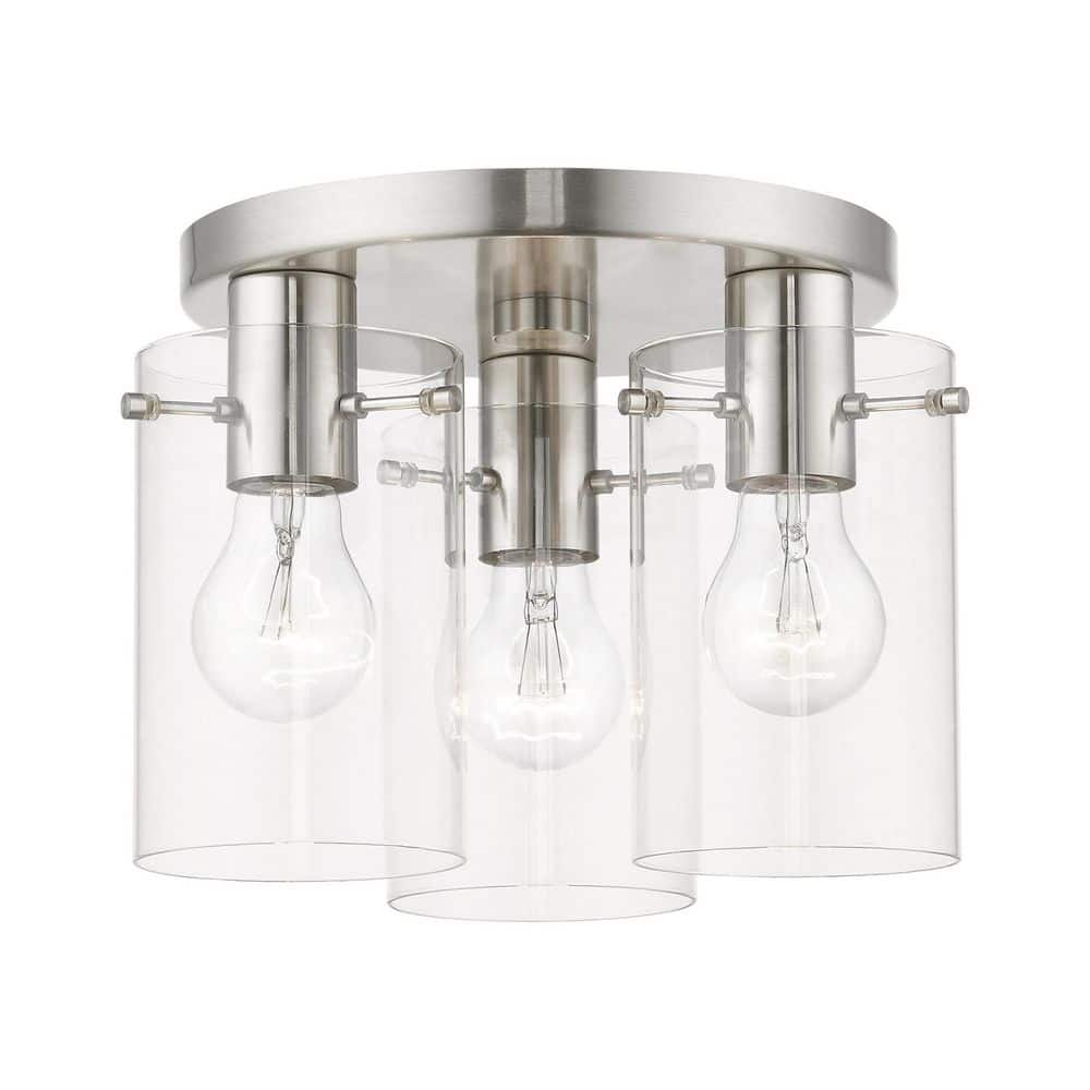 Alexander 11 in. 3-Light Brushed Nickel Flush Mount with Clear Glass Shades - Hercitys
