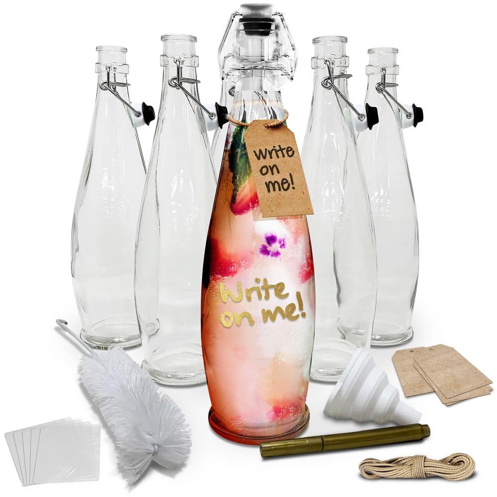6 Pack 33 oz. Glass Bottles with Swing Top Stoppers, Bottle Brush, Funnel, and Gold Glass Marker – Teardrop Design - Hercitys
