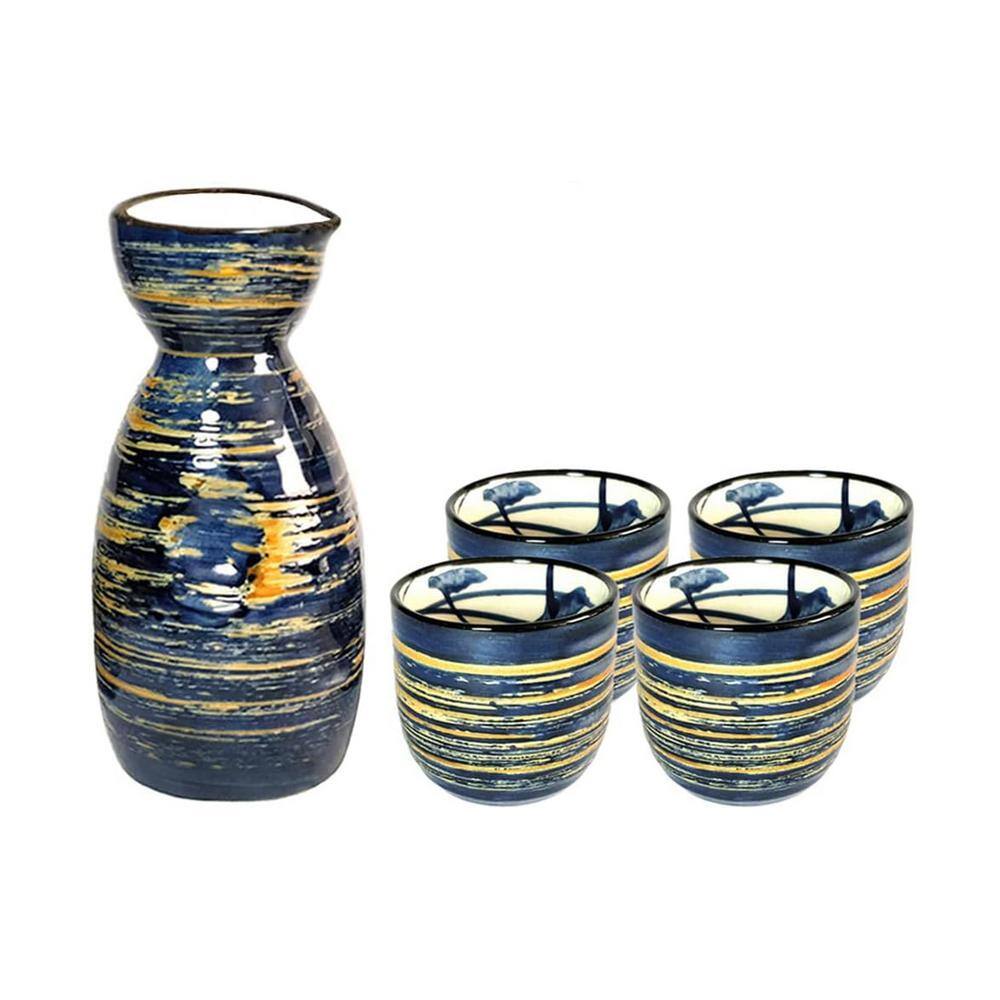 6 oz. Blue Sake Set 1 Tokkuri Bottle and 4 Ochoko Cups - Hercitys