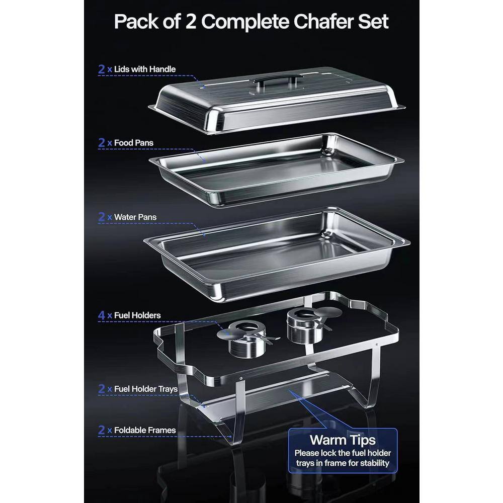 8 qt. Silver Stainless Steel Buffet Chafer Dish Set with 2 Full Size Pans Rectangle Catering Warmer Server - Hercitys