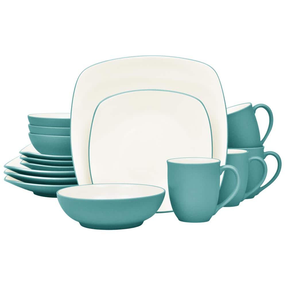 Colorwave Turquoise 16-Piece Square (Turquoise) Stoneware Dinnerware Set (Service for Set for 4) - Hercitys