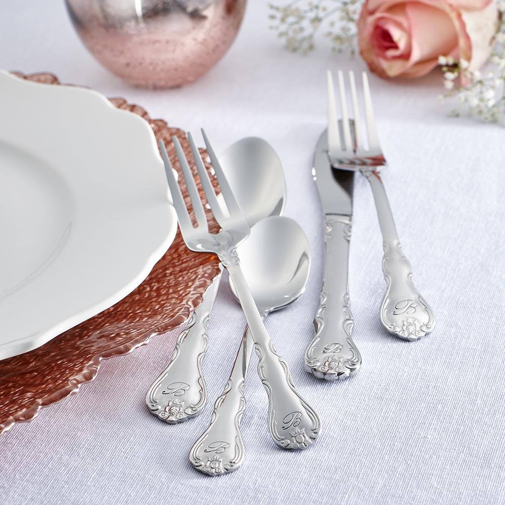 Bouquet Monogrammed Letter J 46-Piece Silver Stainless Steel Flatware Set (Service for 8) - Hercitys