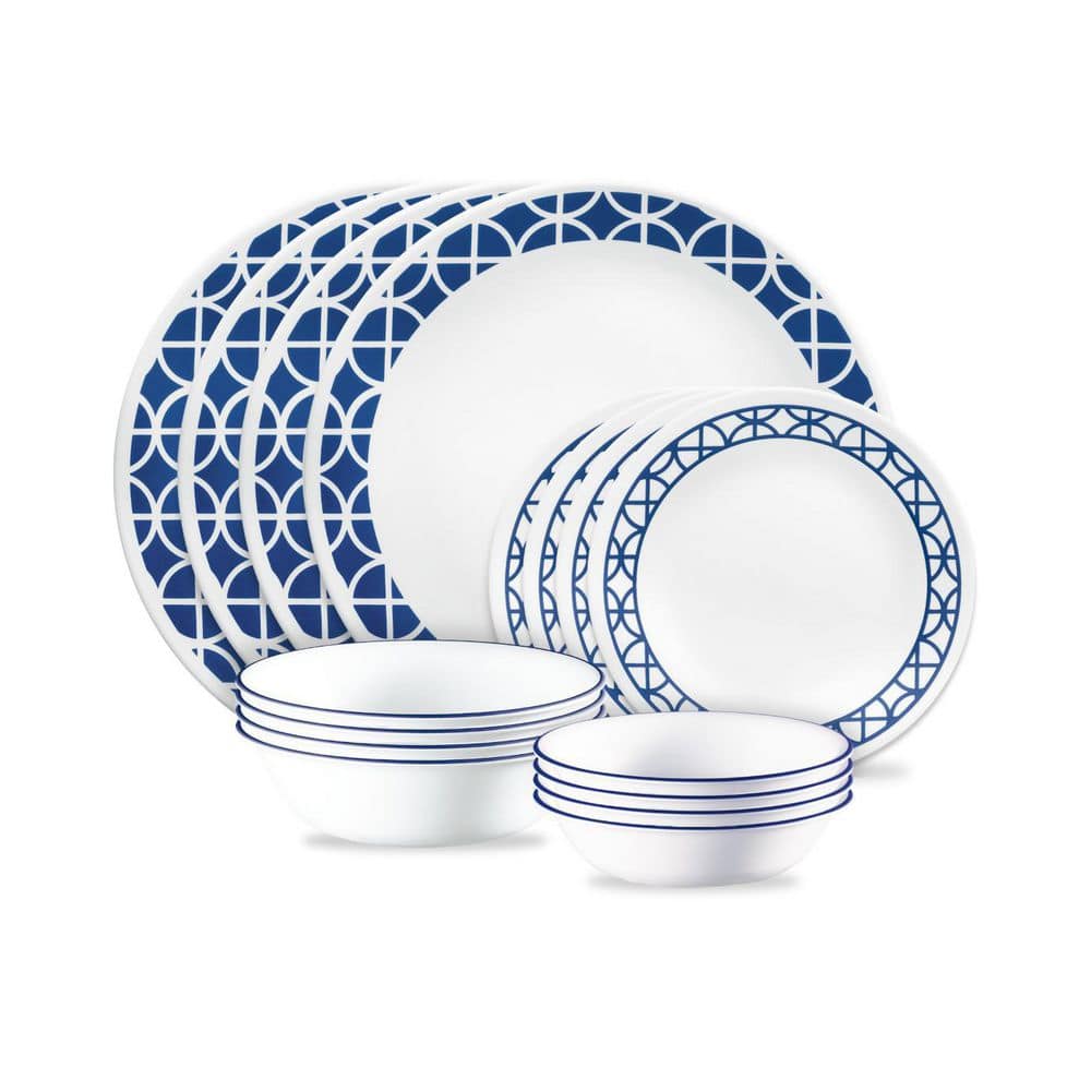 Cobalt Circles 16-Piece Vitrelle Glass Dinnerware Set (Service for 4) in Blue and White - Hercitys
