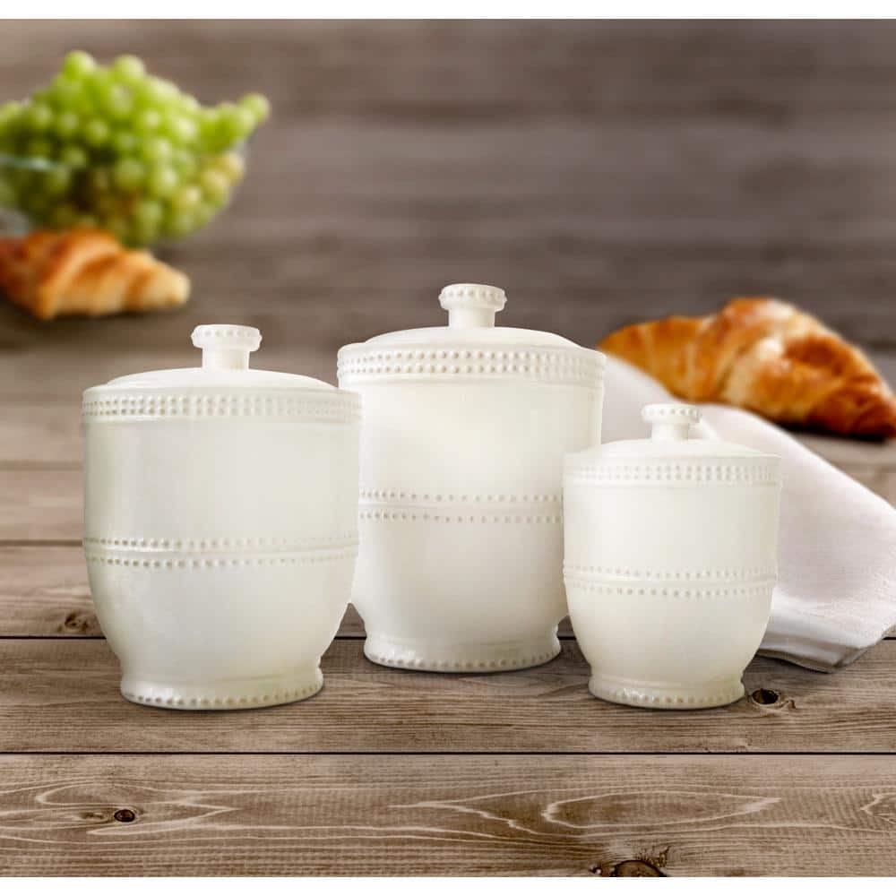 Bianca Bead 3-Piece White Earthenware Canister Set with Lid - Hercitys