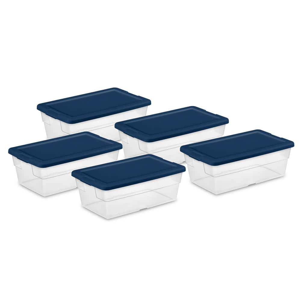 Stackable 6 Qt Storage Box Container, Clear, Marine Blue Lid (30 Pack) - Hercitys