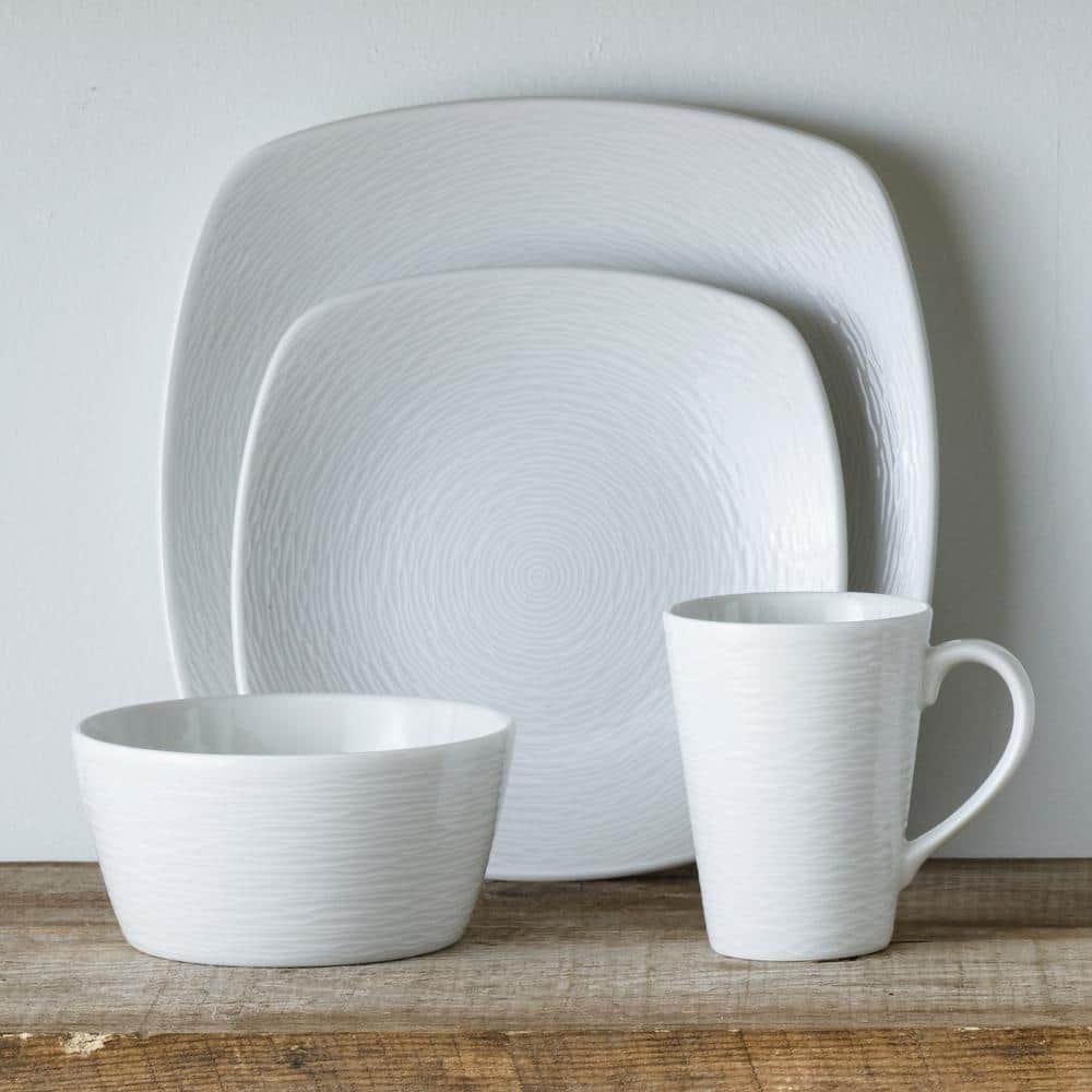 Colorscapes White-on-White Swirl 4-Piece (White) Porcelain Square Place Setting, Service for 1 - Hercitys