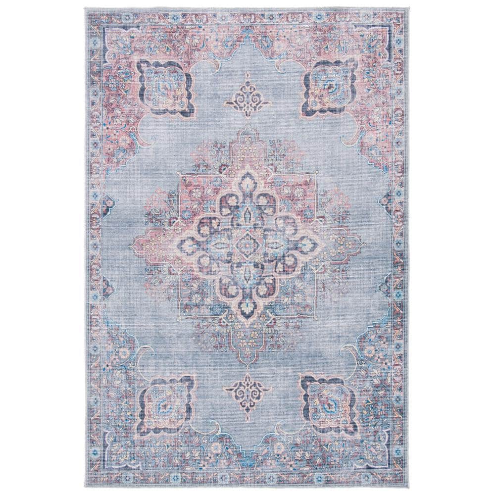 Serapi Ivory/Blue 9 ft. x 12 ft. Machine Washable Geometric Distressed Area Rug - Hercitys