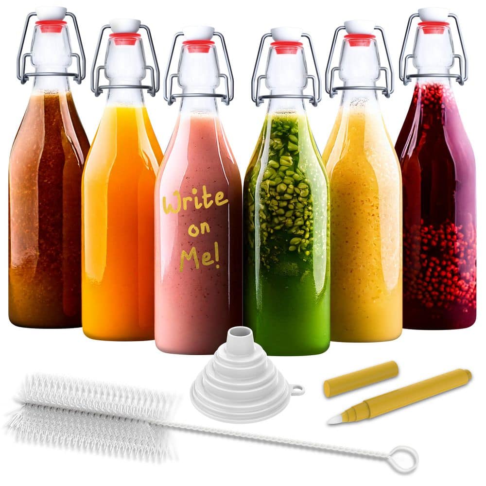 6-Pack 17 oz. Round Glass Bottles with Swing Top Stoppers, Bottle Brush, Funnel, and Gold Glass Marker - Hercitys