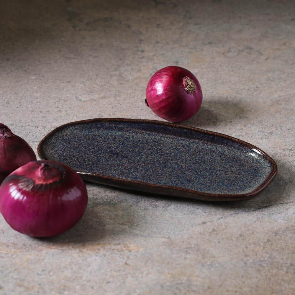 9.06 in. Titanium Dark Blue Stoneware Shallow Oval Platter Organic (Set of 4) - Hercitys