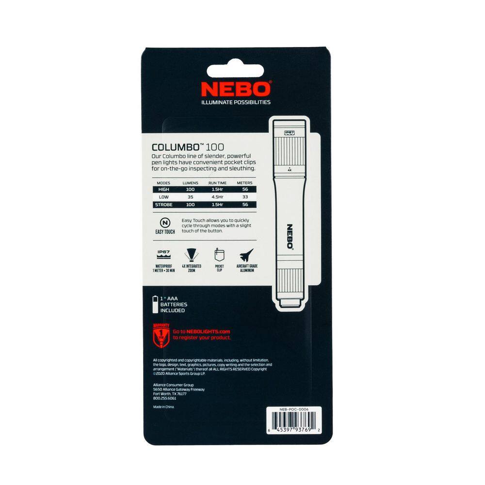 COLUMBO 100 LUMENS ALK. BATTERY LED POCKET PEN FLASHLIGHT - Hercitys