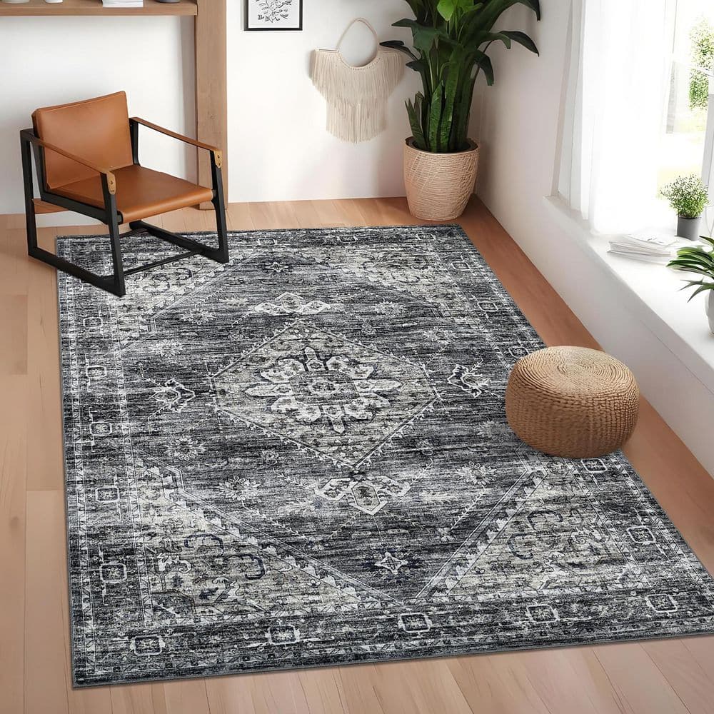 Vintage Printed Rug Distressed Floral Carpet Soft Non-slip Thin Carpet for Living Room Farmhouse Dark Gray，9X12ft - Hercitys