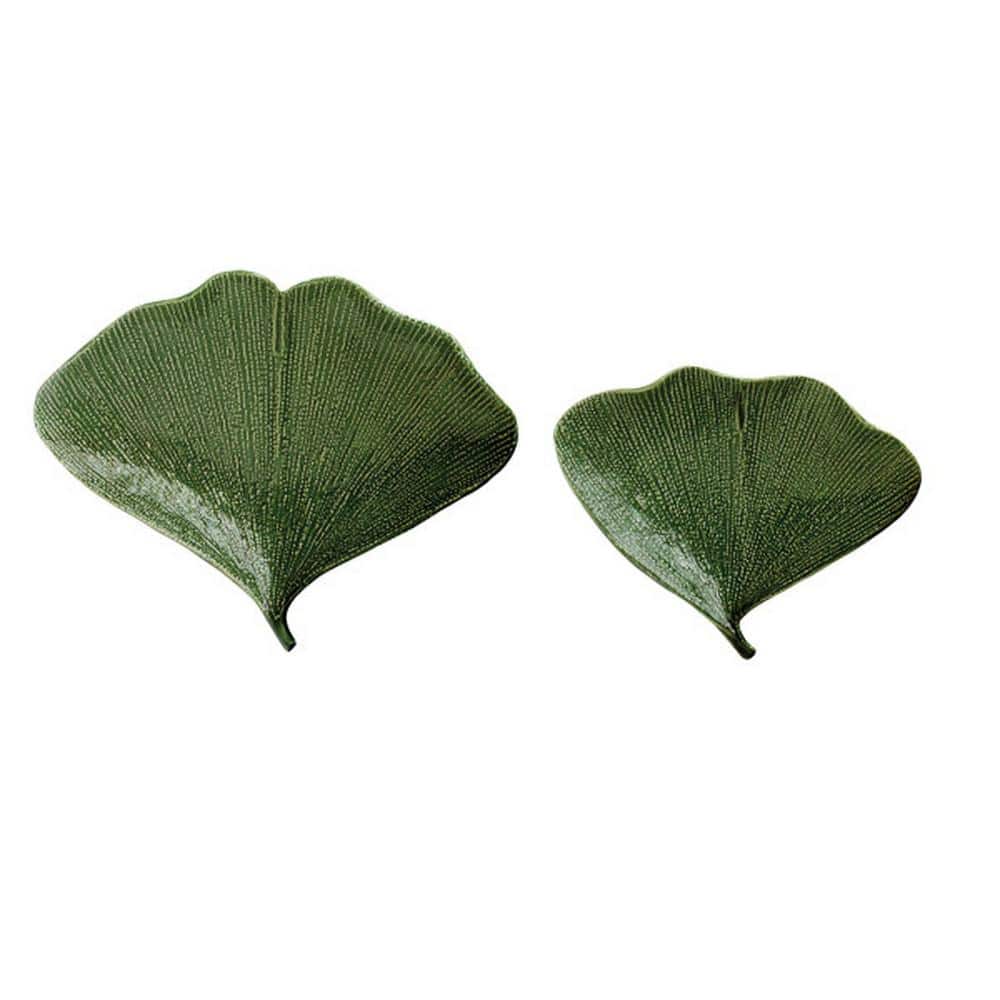6.62 in. Green Stoneware Gingko Leaf Shaped Platters (Set of 2) - Hercitys