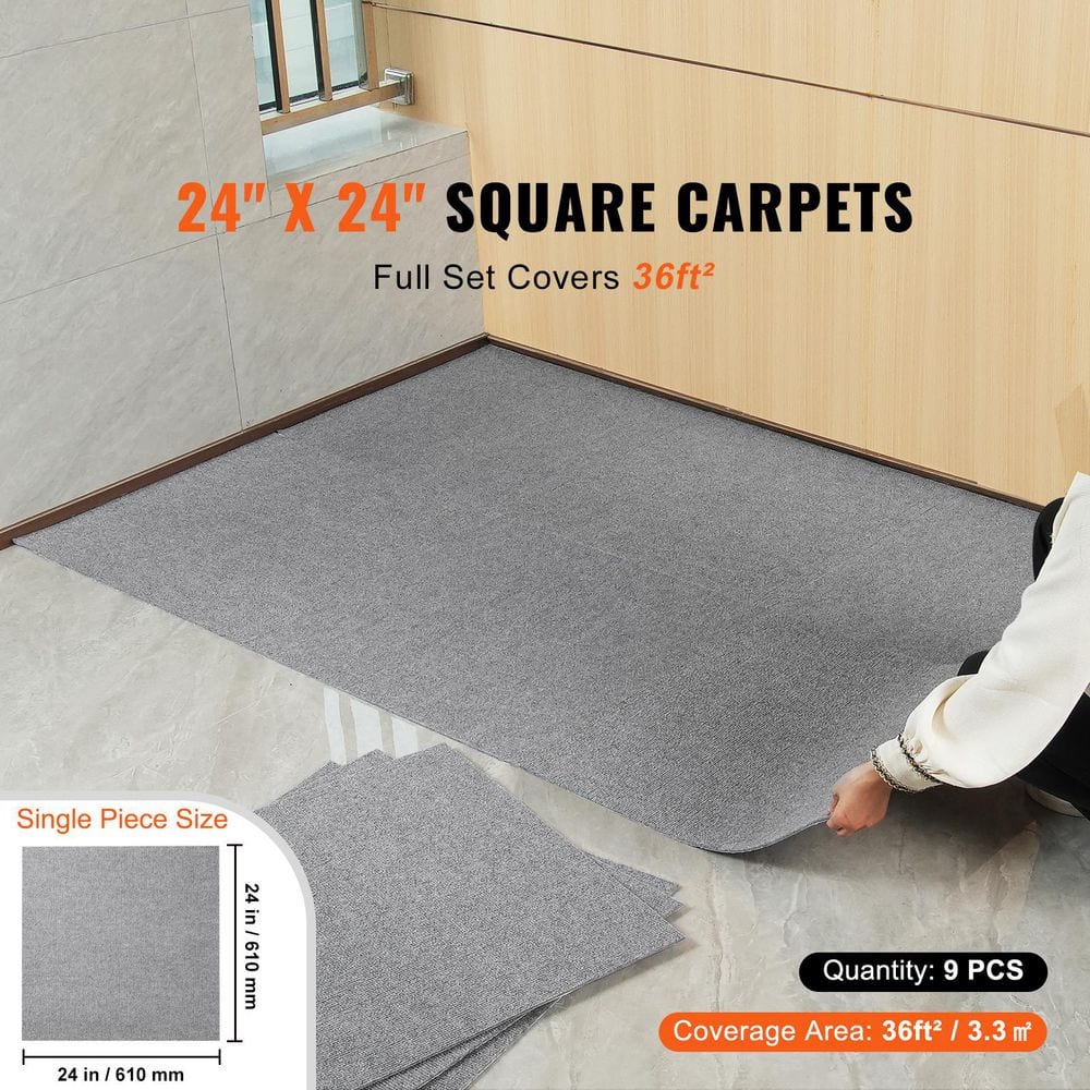Carpet Tiles Gray 24 in. x 24 in. Self Adhesive Carpet Tile Square Padded Peel and Stick Carpet Tiles 36 sq. ft. - Hercitys