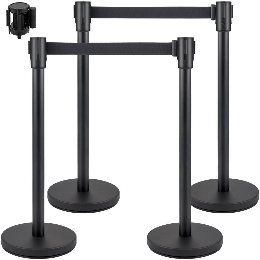 Crowd Control Stanchion 6.6 ft. Black Retractable Belt Stainless Steel Safety Barriers with Metal Base, Black (4-Pack) - Hercitys